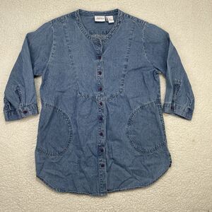 The Vermont Country Store Denim Shirt Womens M Button Blue Jean Pockets Blouse